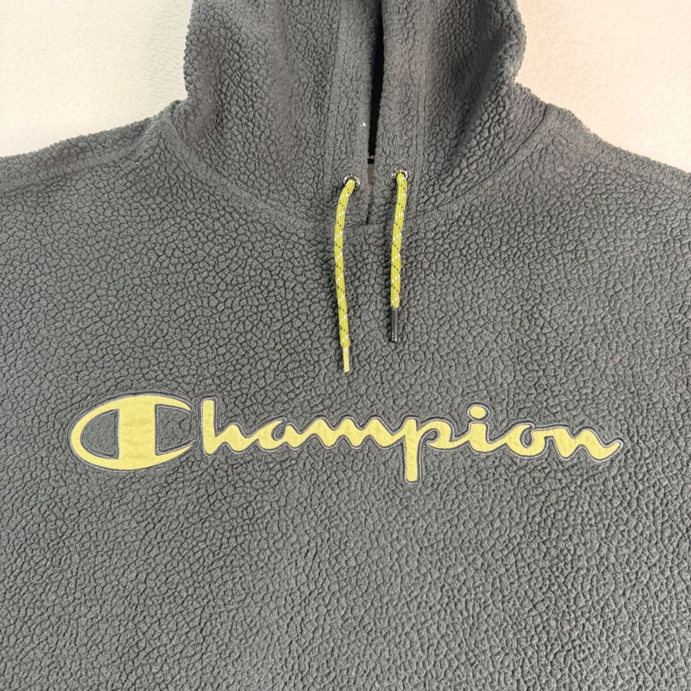 Champion Mens Sherpa Fleece Hoodie Black Gold Embroidered Logo Size Large - Picture 2 of 7